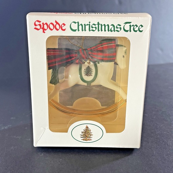 Vtg Spode Christmas Ornament on‎ the Tree Rocking Horse China Plaid Bow Retired - Picture 1 of 8